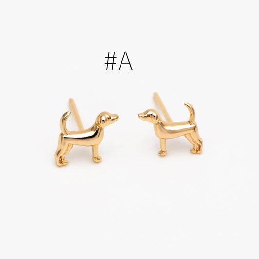 10pcs Gold Tiny Dog Earrings, Gold Plated Brass, Cute Animal Stud Earrings (GB-4598)