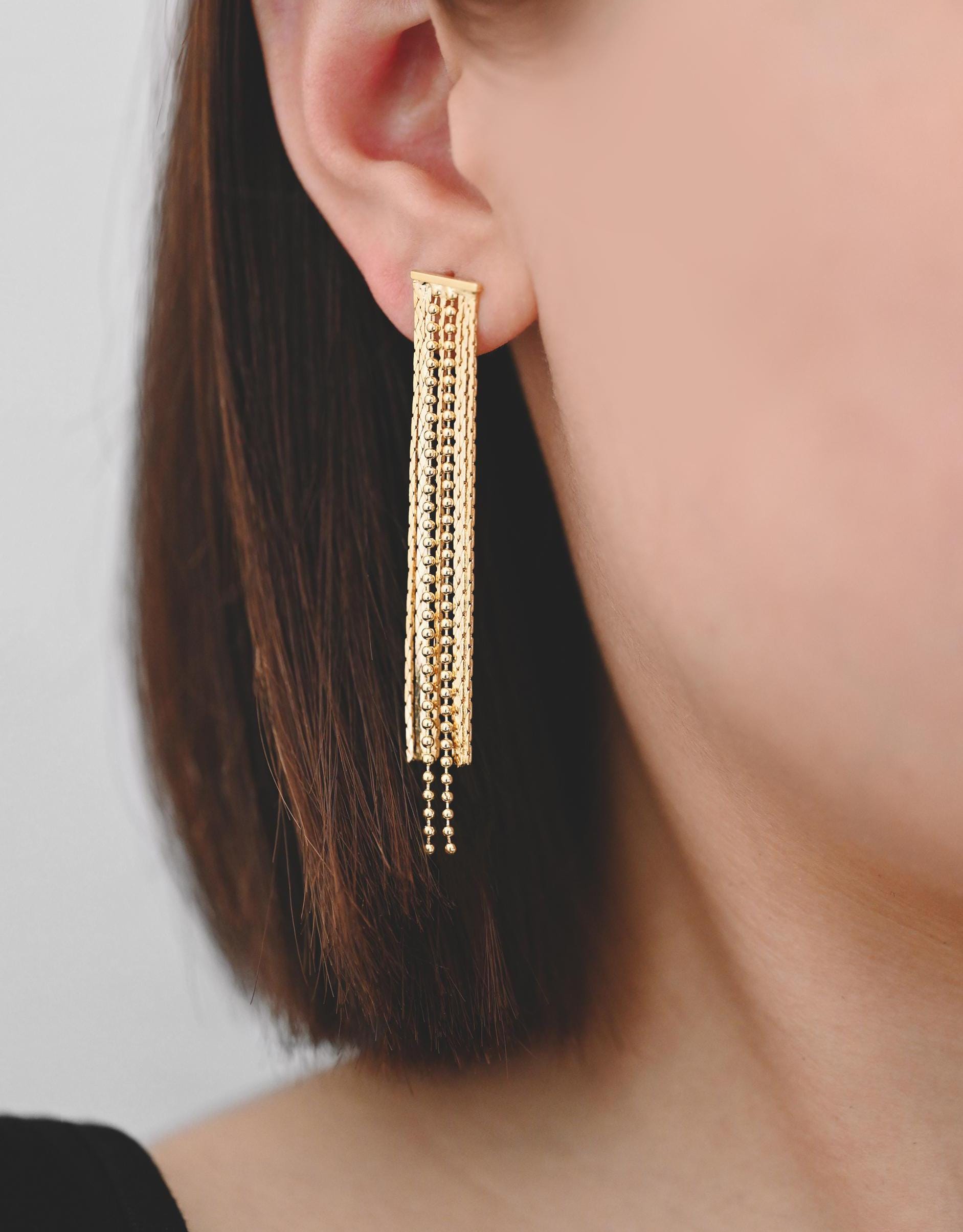 4pcs Chain Tassel Earrings, Long Tassel Stud Earring, Gold Dangling Earrings, Minimalist Earrings (GB-3038)