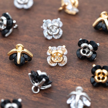10pcs CZ Pave Flower Charms 8mm, Gold/ Silver tone Floral Pendants, Clear/ Black Cubic Zirconia (GB-343)