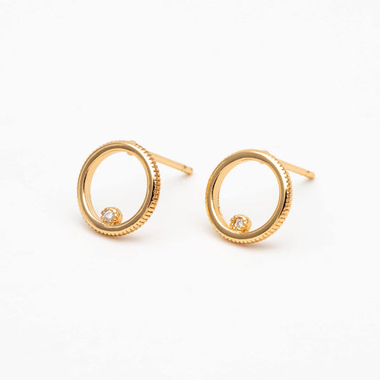 10pcs CZ Pave Circle Ear Posts 10mm, Real Gold/ Rhodium Plated Brass, Geometric Ring Stud Earrings (#GB-365)