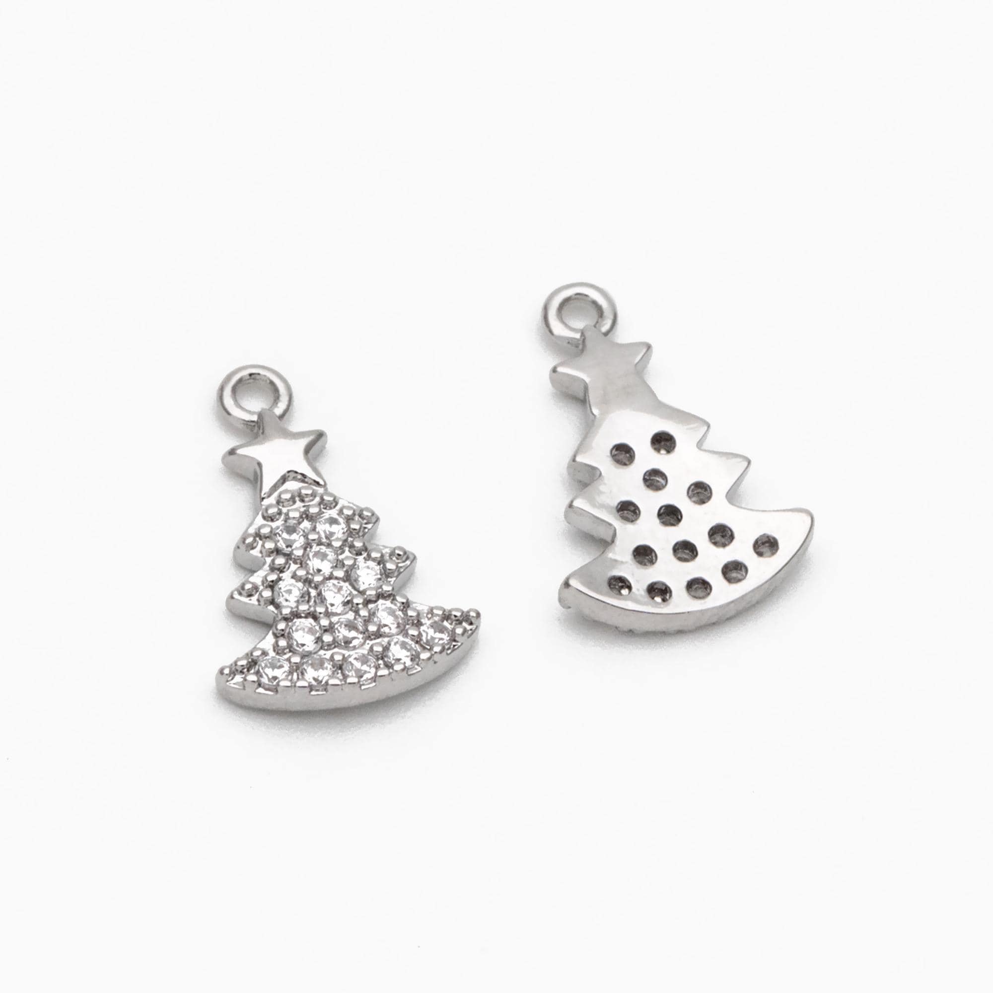 4pcs CZ pave Gold/ Silver Christmas Tree Charms 14x9mm, 18K Gold/ Rhodium plated Brass, Dainty Christmas Tree Pendants (GB-713-F)