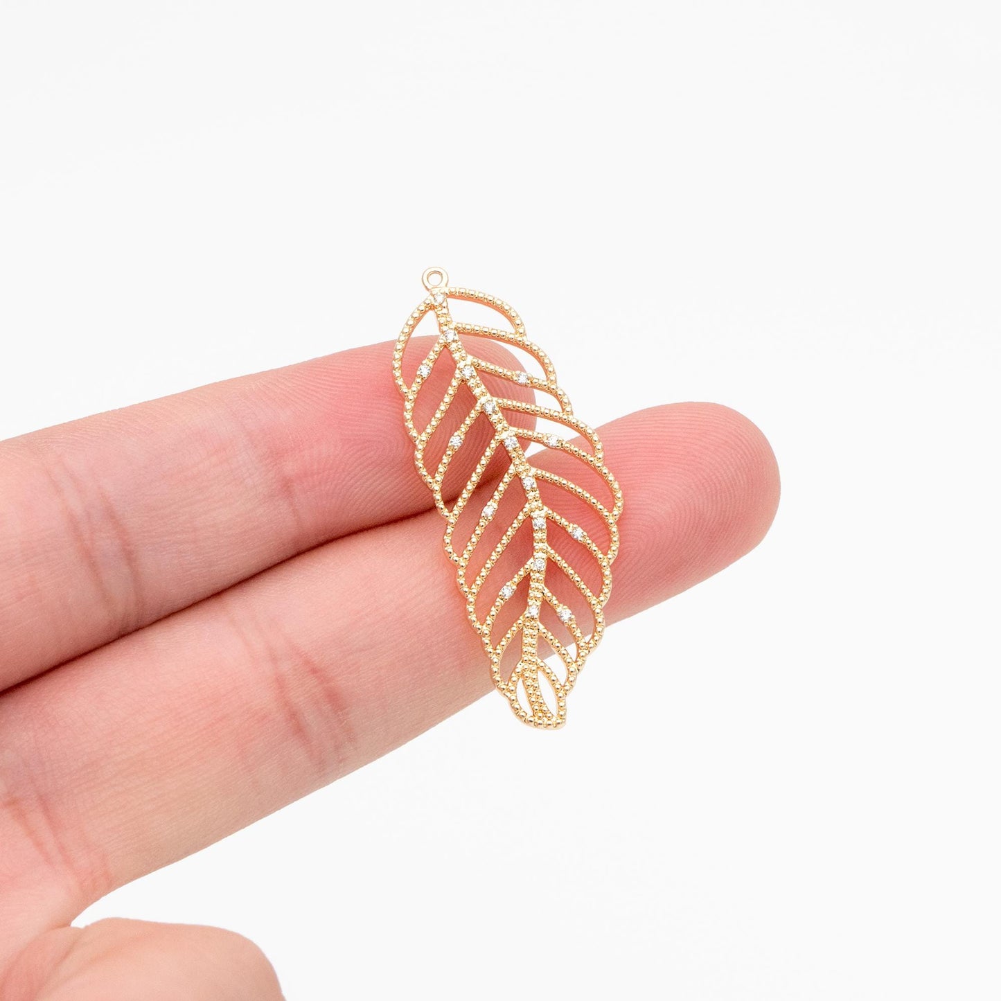 4pcs CZ Pave Gold Leaf Charms 38mm, 18K Gold plated Brass, Filigree Leaf Necklace Pendants (GB-373)