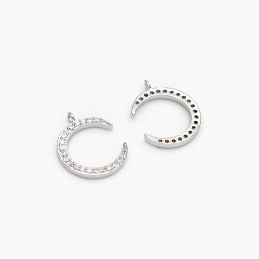 10pcs CZ Pave Moon Charms: Gold/ Rhodium/ Rose Gold Plated Brass Crescent Pendants (GB-618-G)