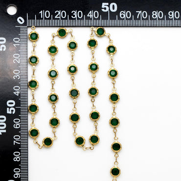 Unplated Raw Brass Designer Chain, Black/ Emerald Green Glass Flat Beaded Links 7mm (#LK-033)/ 1 Meter=3.3ft