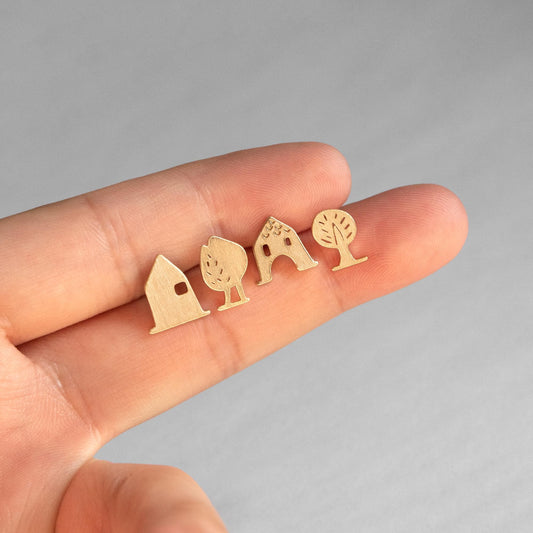 Gold House Tree Stud Earrings Set of 4, Brushed Matte Minimalist Earrings, Cute Tiny Earrings, Gift for Her (GB-4549)
