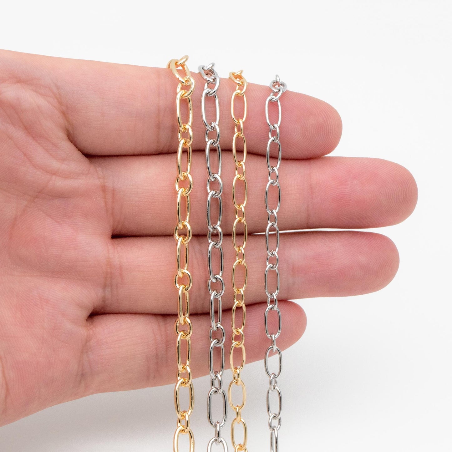 Gold/ Rhodium plated Brass Oval Cable Chains 4/ 4.7mm, Figaro Chain Supplies Wholesale (#LK-329)/ 1 Meter=3.3 ft