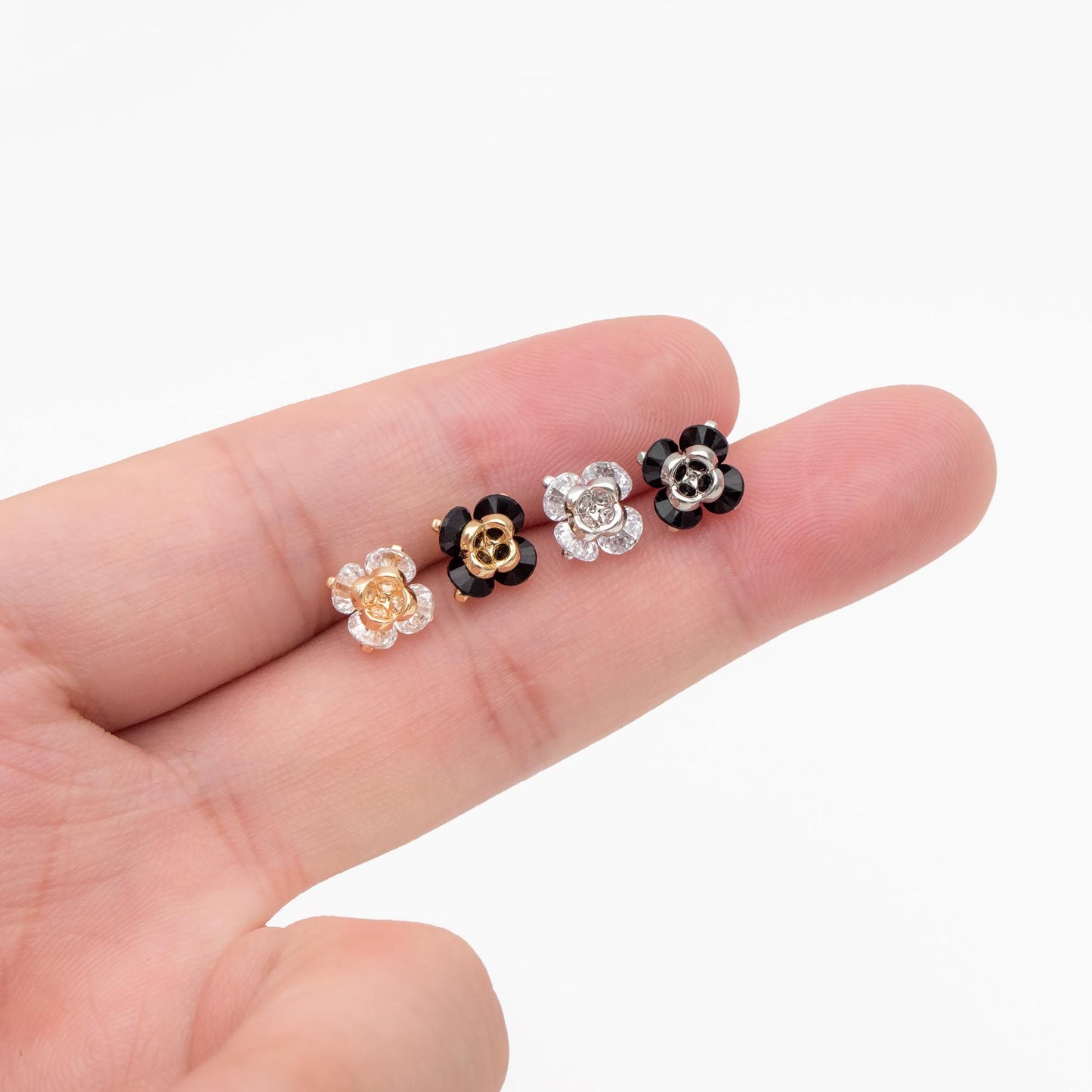 10pcs CZ Pave Flower Charms 8mm, Gold/ Silver tone Floral Pendants, Clear/ Black Cubic Zirconia (GB-343)