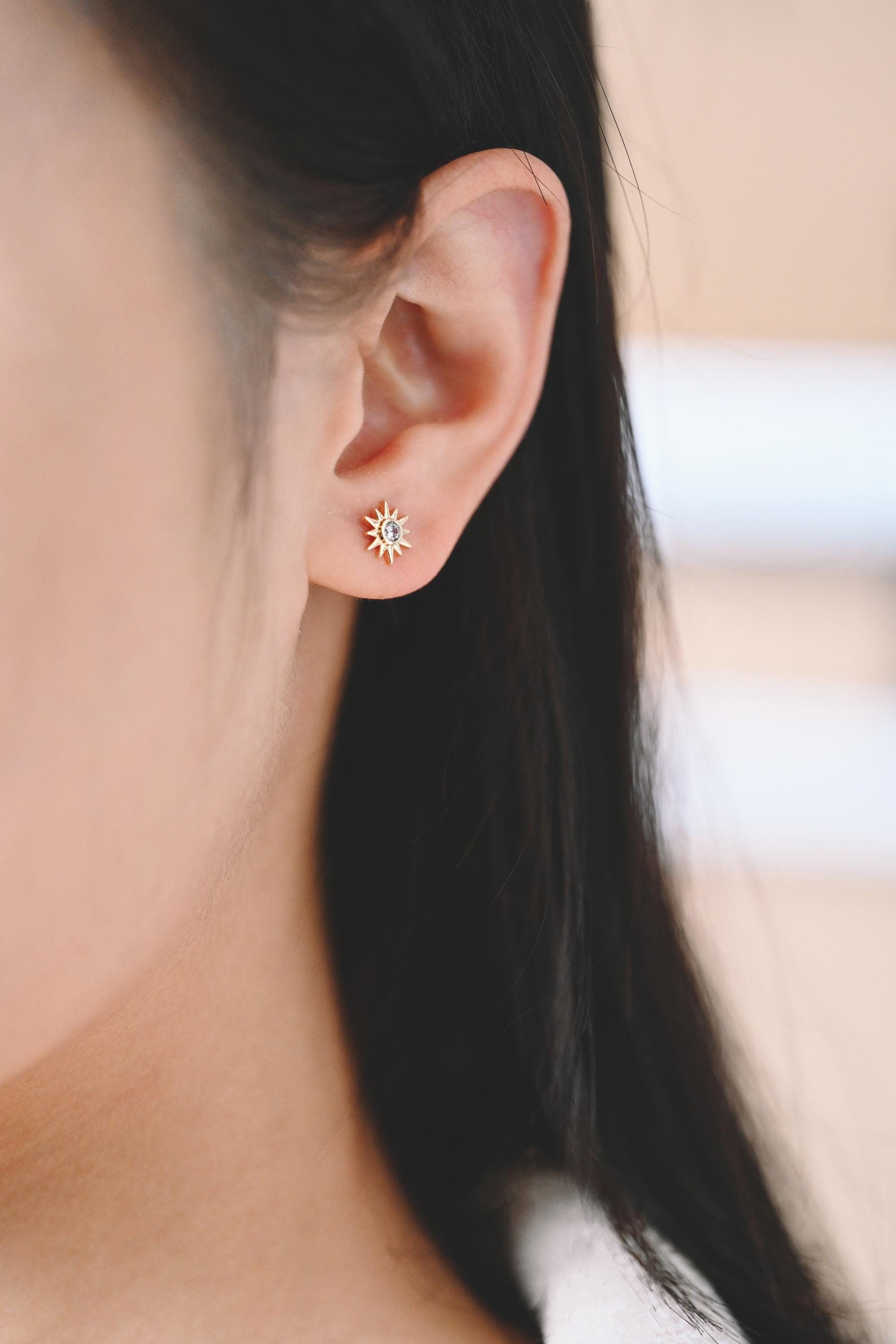 10pcs CZ Pave Gold Sun Ear Posts 8x7mm, Real Gold/ Rhodium Plated Brass Stud Earrings (#GB-3041-J)