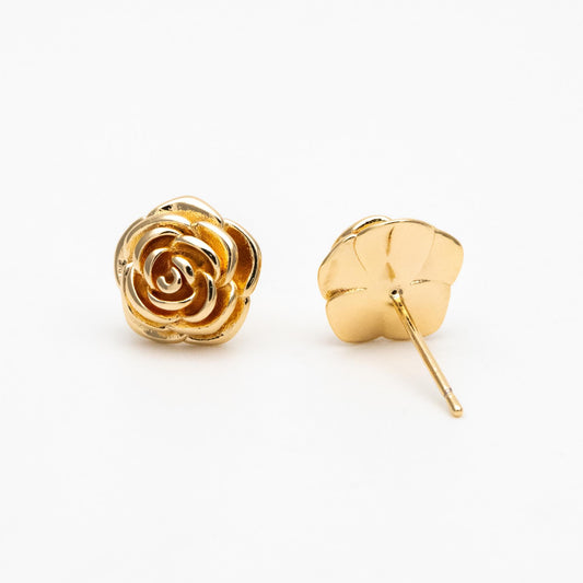 4pcs Gold/ Silver Tone Camellia Earrings, 10mm, Gold/ Rhodium Plated Brass, Flower Stud Earrings (GB-4626)