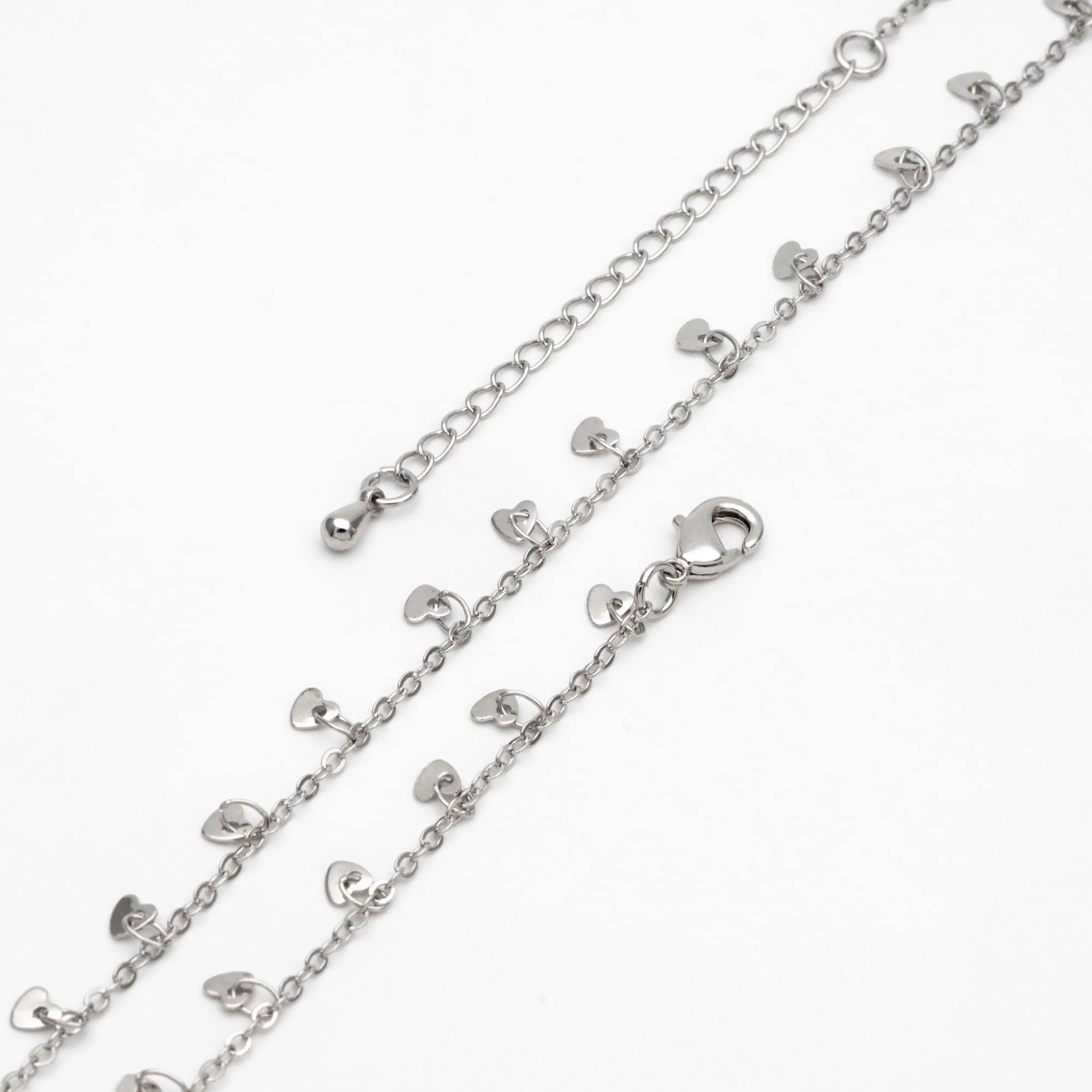Silver tone Cable Chain with Dangling Heart Disc Charms, Finished Bracelet/ Anklet/ Necklace with Extender Chain, Ready to Wear (#LK-459-2)