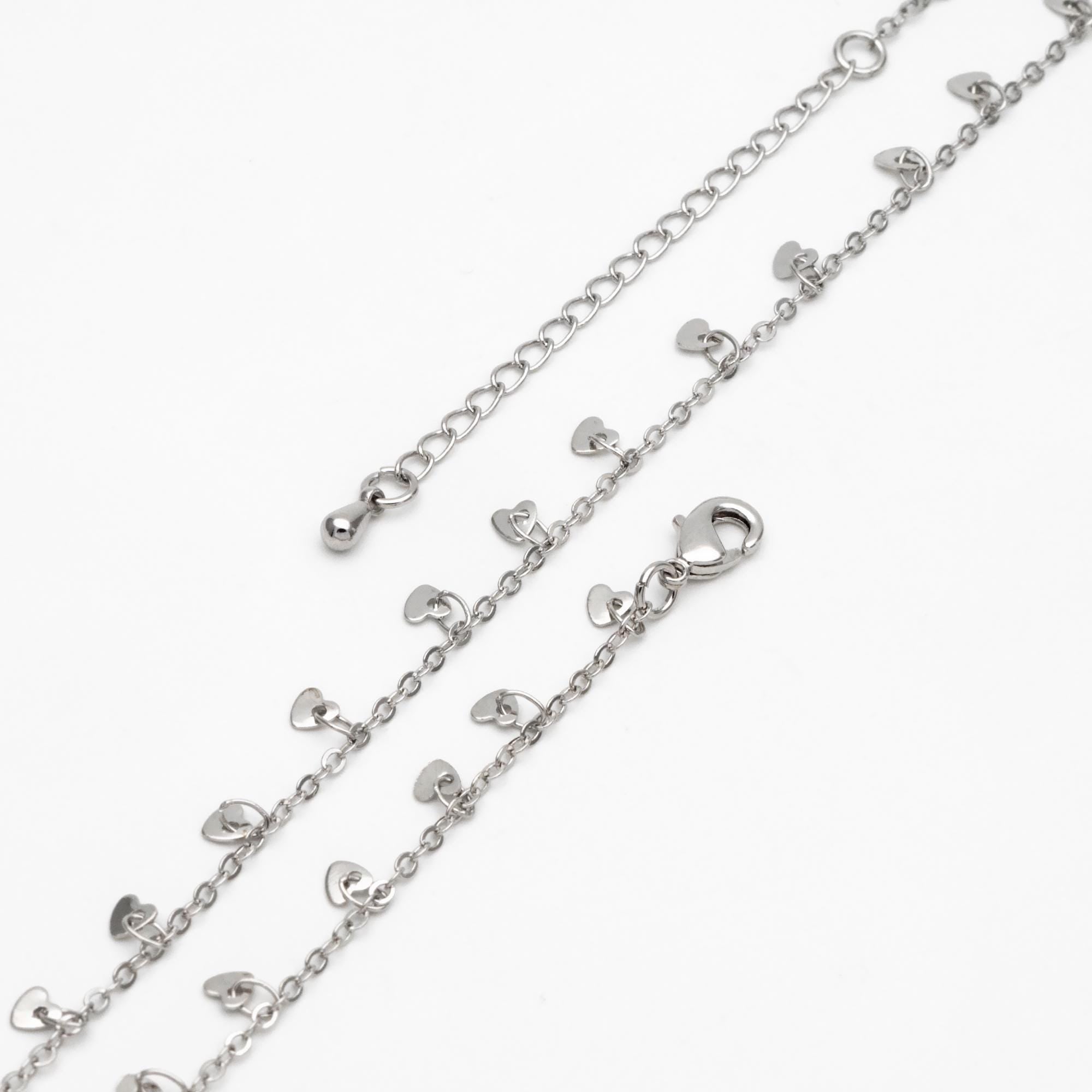 Silver tone Cable Chain with Dangling Heart Disc Charms, Finished Bracelet/ Anklet/ Necklace with Extender Chain, Ready to Wear (#LK-459-2)