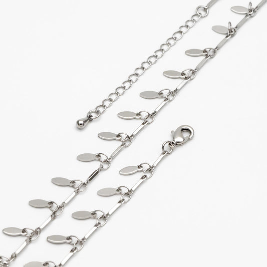 Silver Tone Bar Chain Bracelet: Dangling Oval Disc Chains, Adjustable Extender (#LK-460-2)