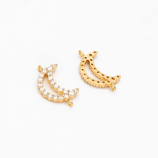 10pcs Gold Plated Moon Connectors: CZ Pave Moon Charms 14x8mm (GB-618-E)
