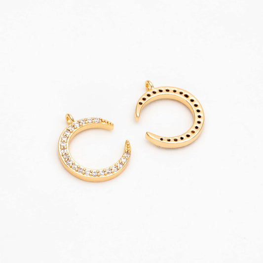 10pcs CZ Pave Moon Charms: Gold/ Rhodium/ Rose Gold Plated Brass Crescent Pendants (GB-618-G)