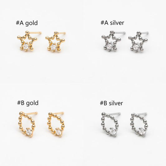 10pcs CZ Pave Gold/ Silver Tone Star/ Teardrop/ Square/ Circle Earrings, Gold/ Rhodium Plated Brass, Dainty Geometric Earrings (GB-4625)