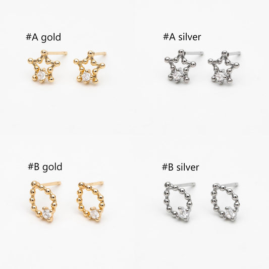 10pcs CZ Pave Gold/ Silver Tone Star/ Teardrop/ Square/ Circle Earrings, Gold/ Rhodium Plated Brass, Dainty Geometric Earrings (GB-4625)