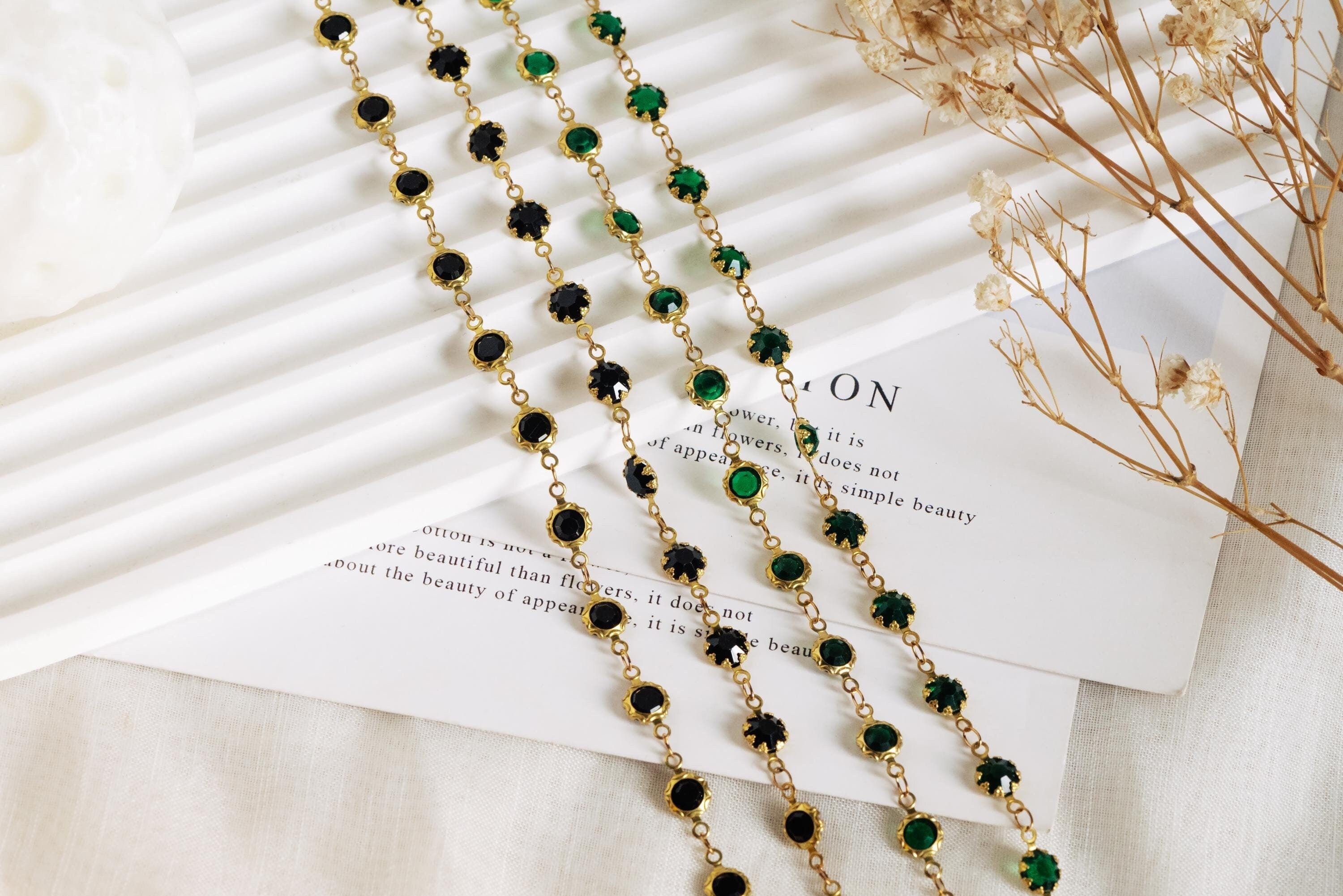 Unplated Raw Brass Designer Chain, Black/ Emerald Green Glass Flat Beaded Links 7mm (#LK-033)/ 1 Meter=3.3ft