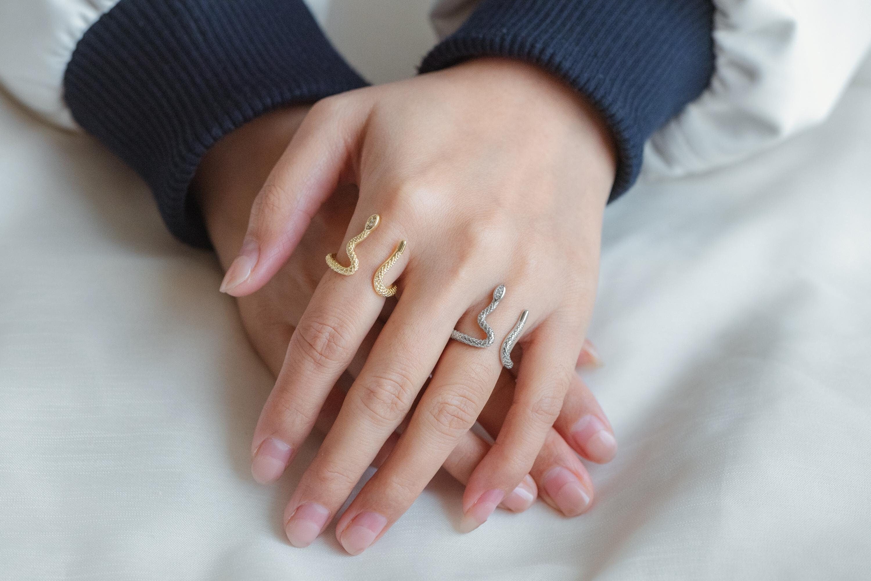 4pcs CZ Pave Gold/ Silver Tone Snake Ring, Open Serpent Ring, Reptile Adjustable Band Ring, Punk Animal Jewelry, Fashion Jewelry (#JZ-023-A)