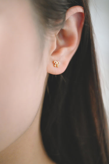 10pcs CZ Pave Gold Bowknot Earrings, 18K Real Gold plated Brass, Bow Knot Stud Earring (GB-4068)