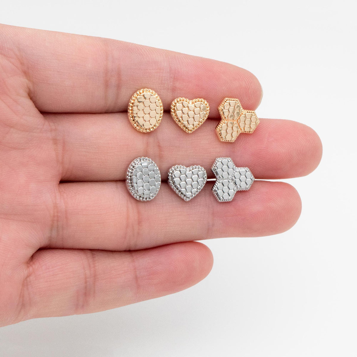 10pcs Gold/ Rhodium plated Geometric Earring: Oval/ Heart/ Honeycomb Stud Earrings (GB-4618)