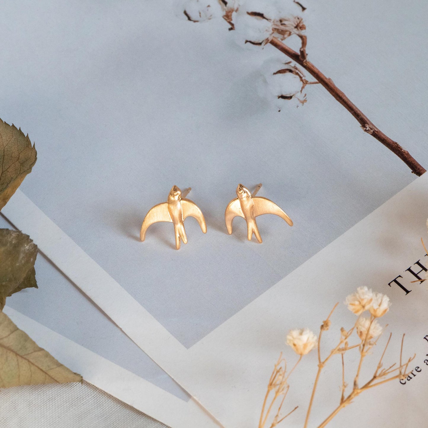 10pcs Gold Brushed Swallow Earrings 14x14mm, 18K Real Gold Plated Brass Bird Stud Earrings (GB-4620)