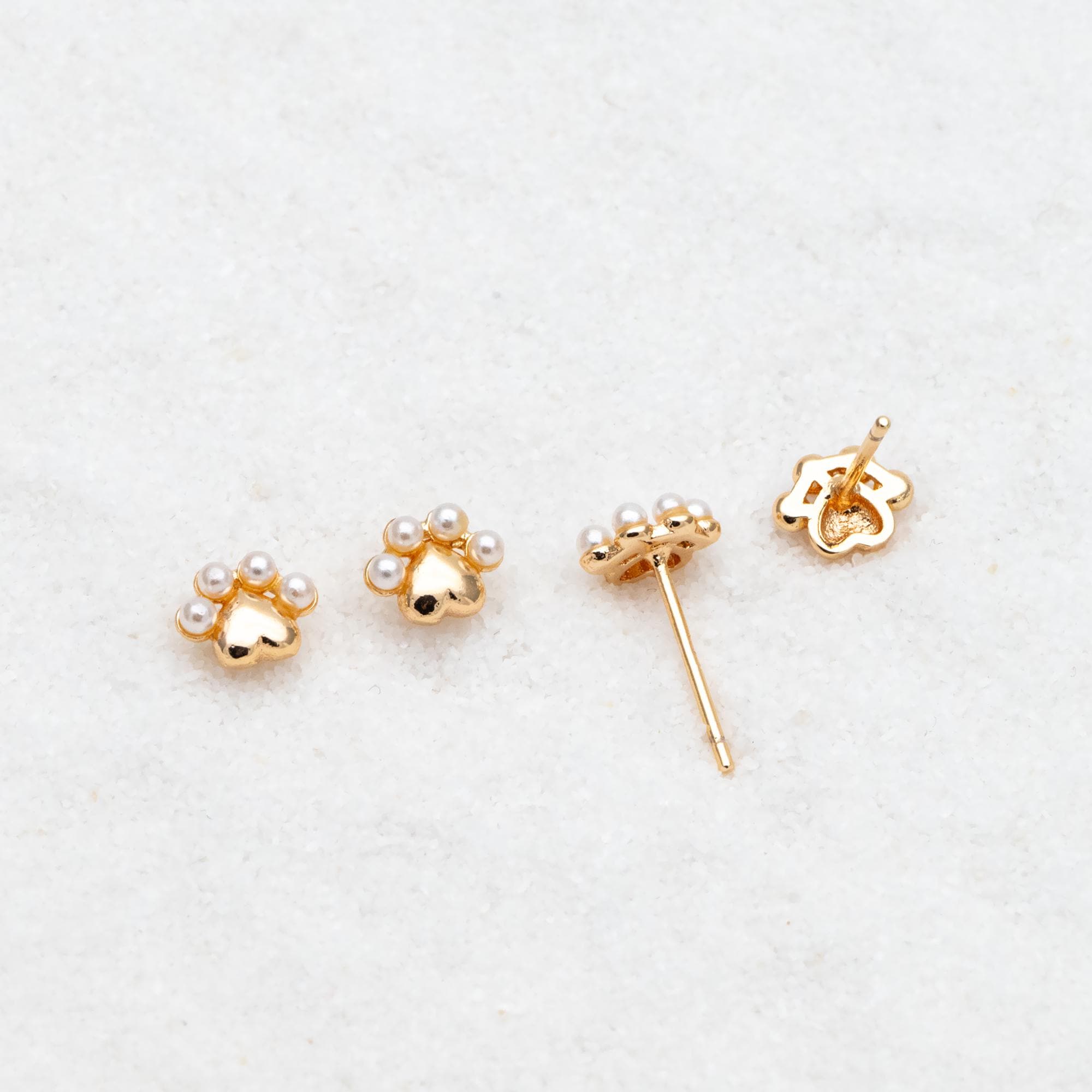 4pcs Gold/ Silver Faux Pearl Pet Paw Print Earrings, 18K Gold/ Rhodium Plated Brass, Minimalist Stud Earring (GB-4633)