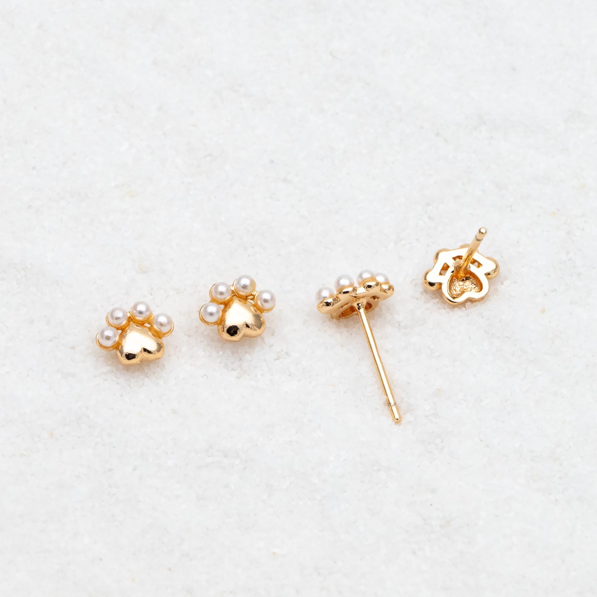 4pcs Gold/ Silver Faux Pearl Pet Paw Print Earrings, 18K Gold/ Rhodium Plated Brass, Minimalist Stud Earring (GB-4633)