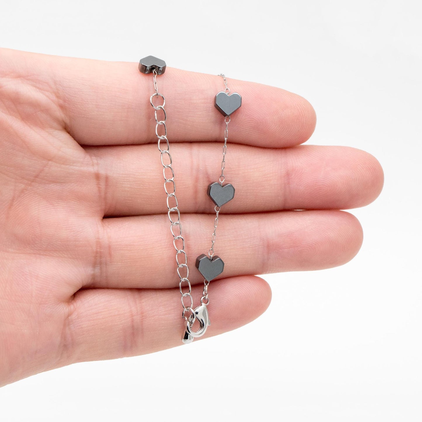 Stainless Steel 6mm Heart Hematite Beads Chain, Finished Bracelet/ Anklet/ Necklace with Extender Chain, Ready to Wear (#LK-380-3)