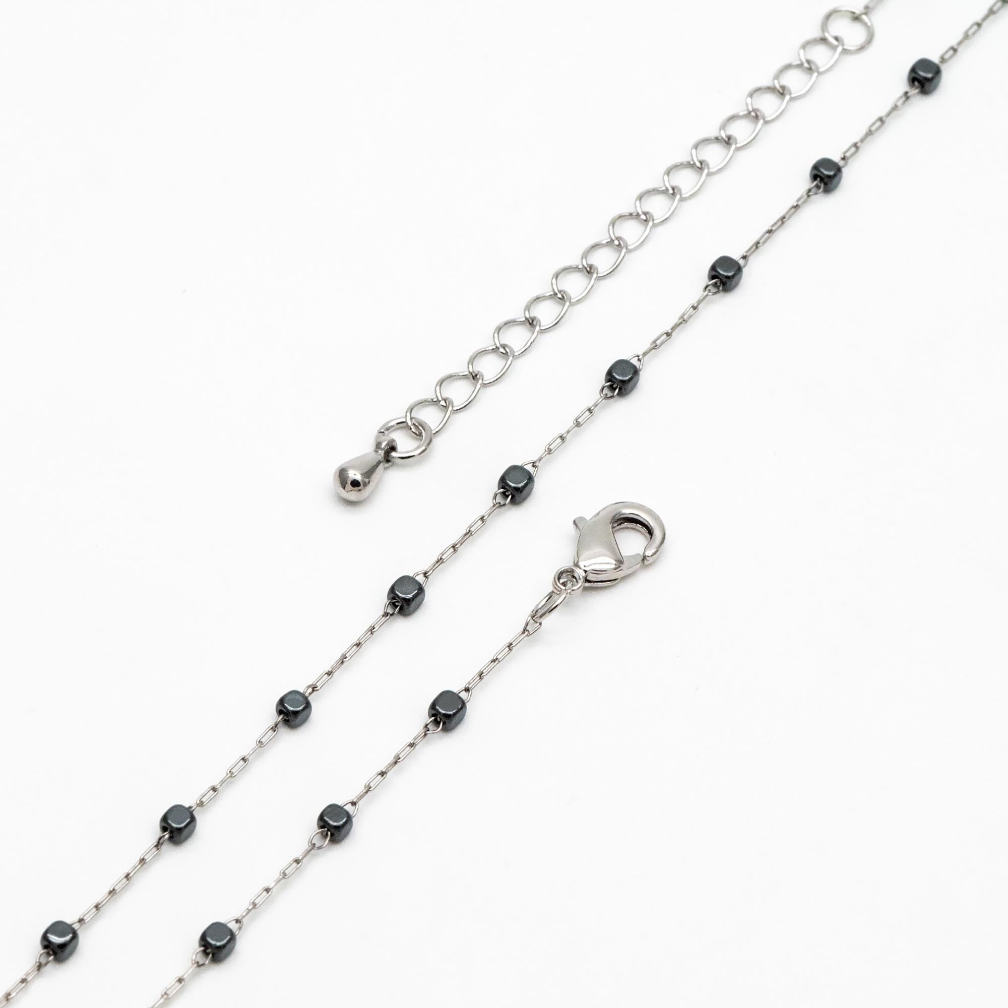 Stainless Steel 2mm Cube Hematite Beads Chain, Finished Bracelet/ Anklet/ Necklace with Extender Chain, Ready to Wear (#LK-380-E)