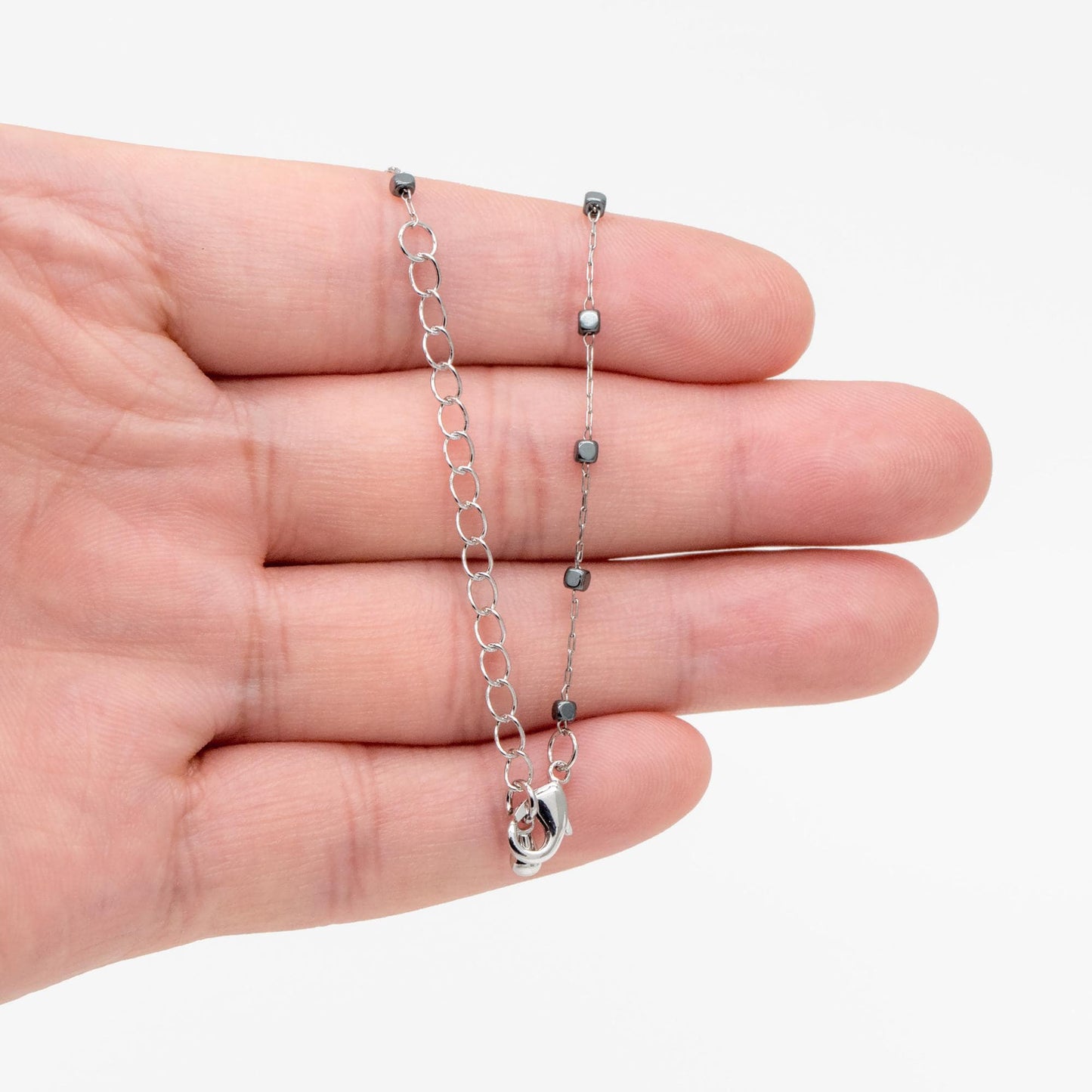 Stainless Steel 2mm Cube Hematite Beads Chain, Finished Bracelet/ Anklet/ Necklace with Extender Chain, Ready to Wear (#LK-380-E)
