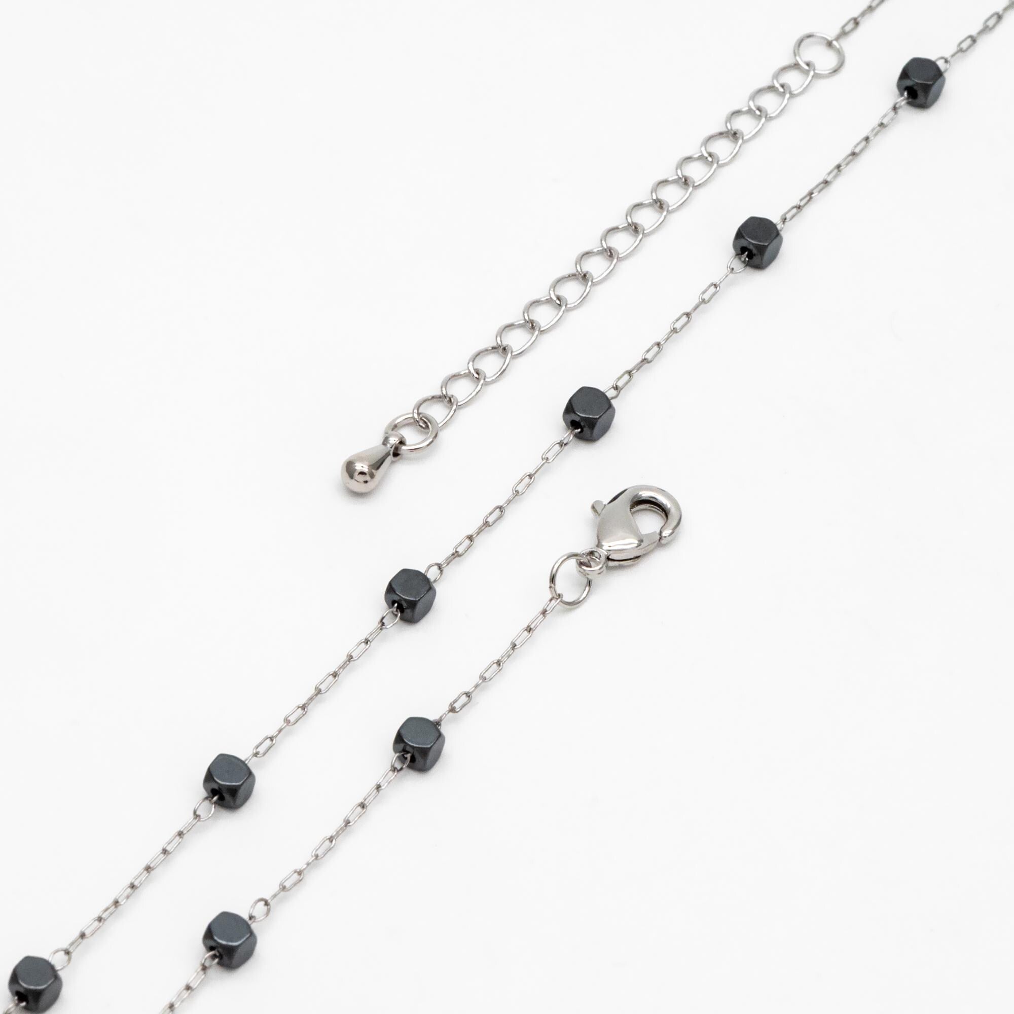 Cube Hematite Beaded Stainless Steel Chain, Adjustable Bracelet/ Anklet/ Necklace, Ready to Wear (#LK-380-8)