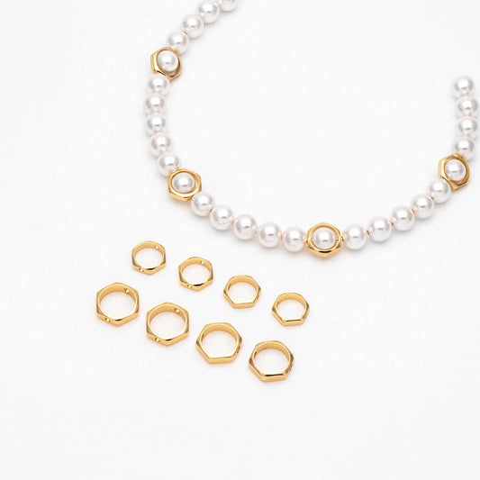 10pcs Gold plated Brass Hexagon Bead Frame , Geometric Hoop Charm Connectors, 2 Holes Drilled, Inner 6.5/ 8.5mm (GB-1793)