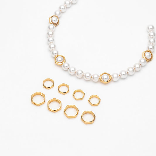 10pcs Gold plated Brass Hexagon Bead Frame , Geometric Hoop Charm Connectors, 2 Holes Drilled, Inner 6.5/ 8.5mm (GB-112-A)