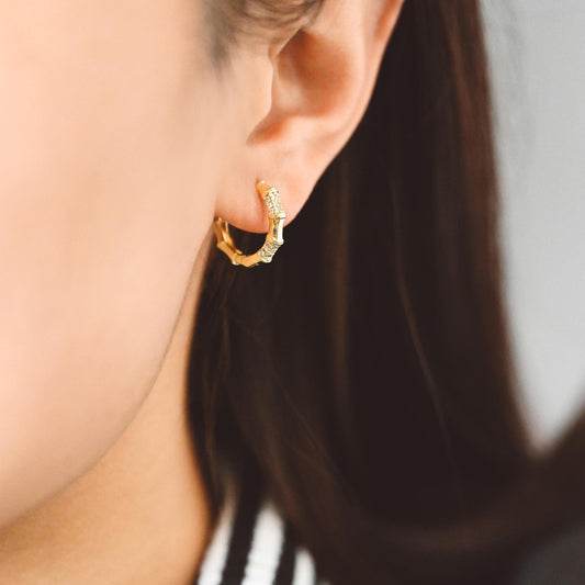4pcs CZ Pave Gold Bamboo Hoop Earrings, Gold plated Brass, Dainty Bamboo Earrings, Gold Hoops (GB-2292-H)