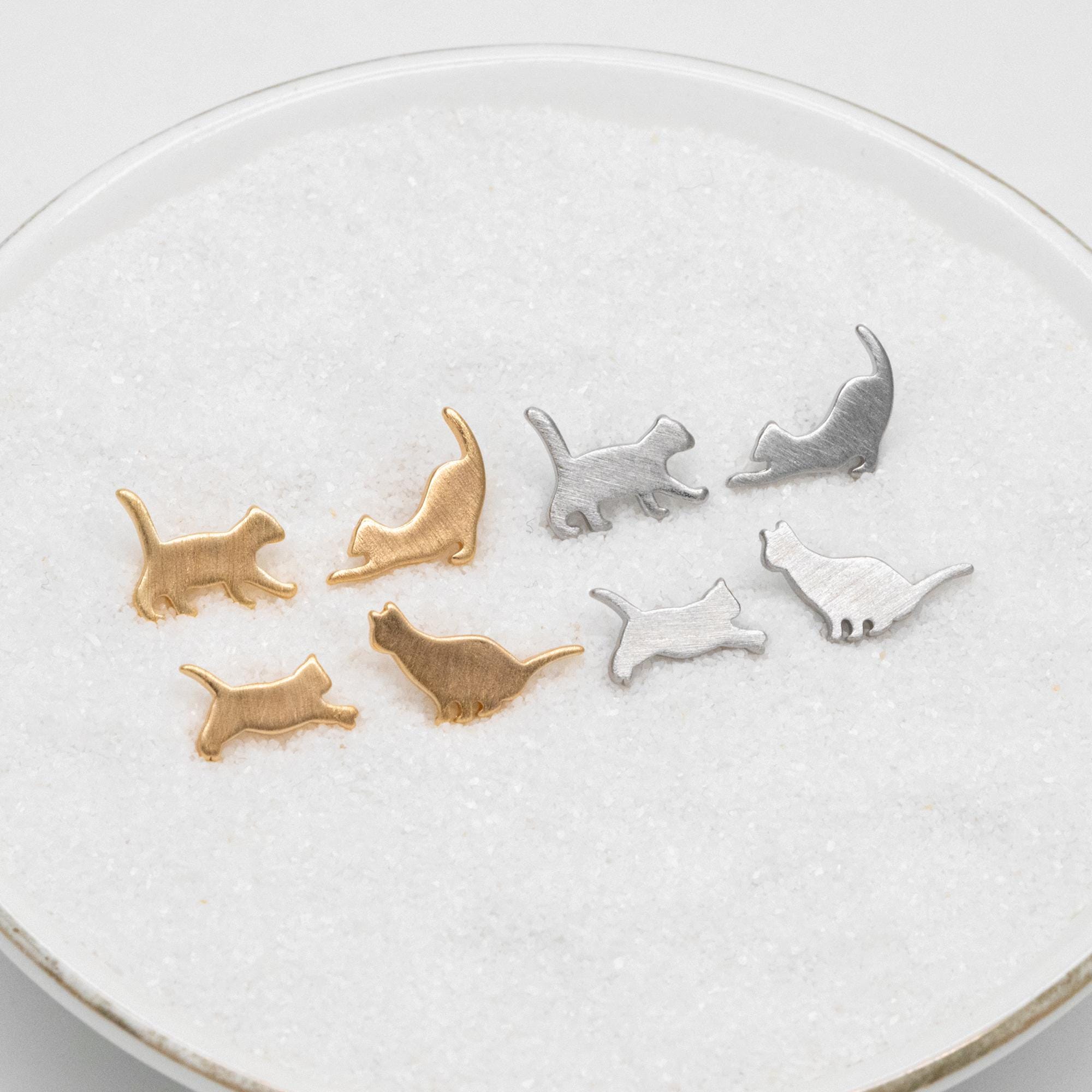 10pcs Gold/ Silver Cat Asymmetry Earrings, Gold/ Rhodium Plated Brass Minimalist Stud Earrings (GB-4094)