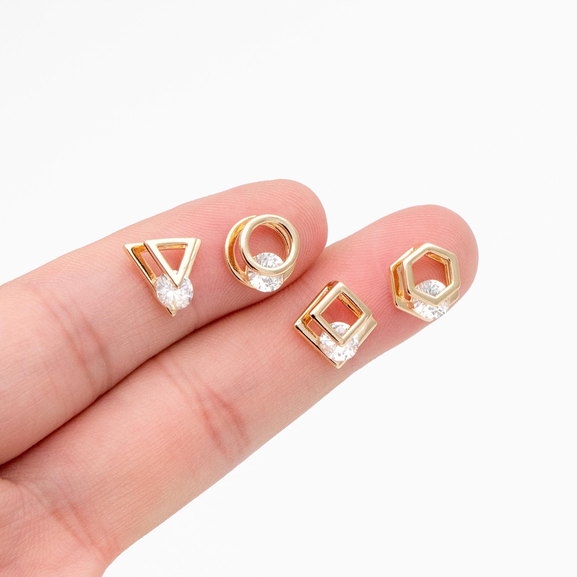 10pcs CZ Pave Gold Geometric Beads, Gold plated Brass Charm Links, Triangle Round Square Hexagon (GB-417)