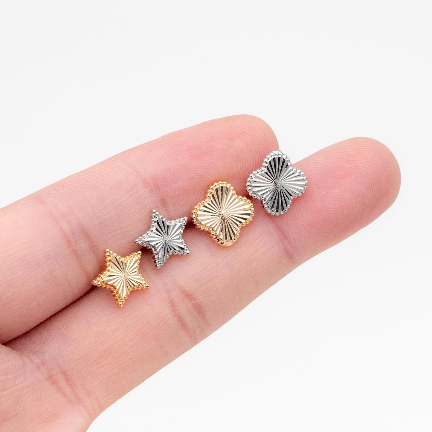 10pcs Gold/ Silver Tone Star/ Clover Earrings, Real Gold/ Rhodium plated Brass, Geometric Earring Studs (GB-4619)