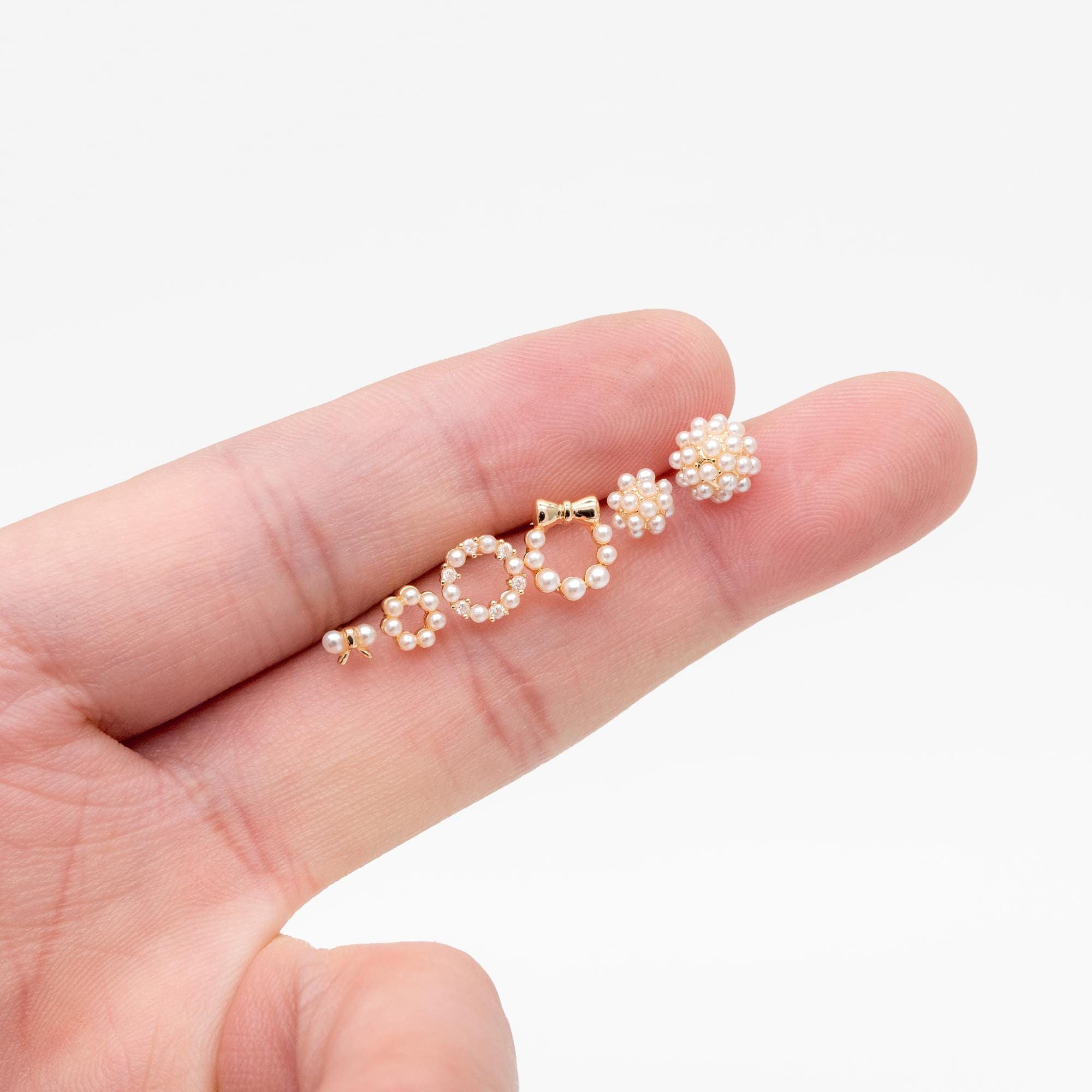 10pcs Gold Faux Pearl Earrings, Gold Plated Brass, Dainty Stud Earring (#GB-4632)