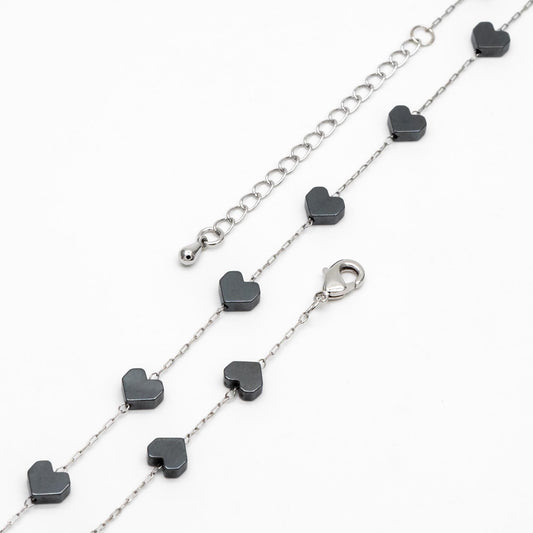 Stainless Steel 6mm Heart Hematite Beads Chain, Finished Bracelet/ Anklet/ Necklace with Extender Chain, Ready to Wear (#LK-380-3)