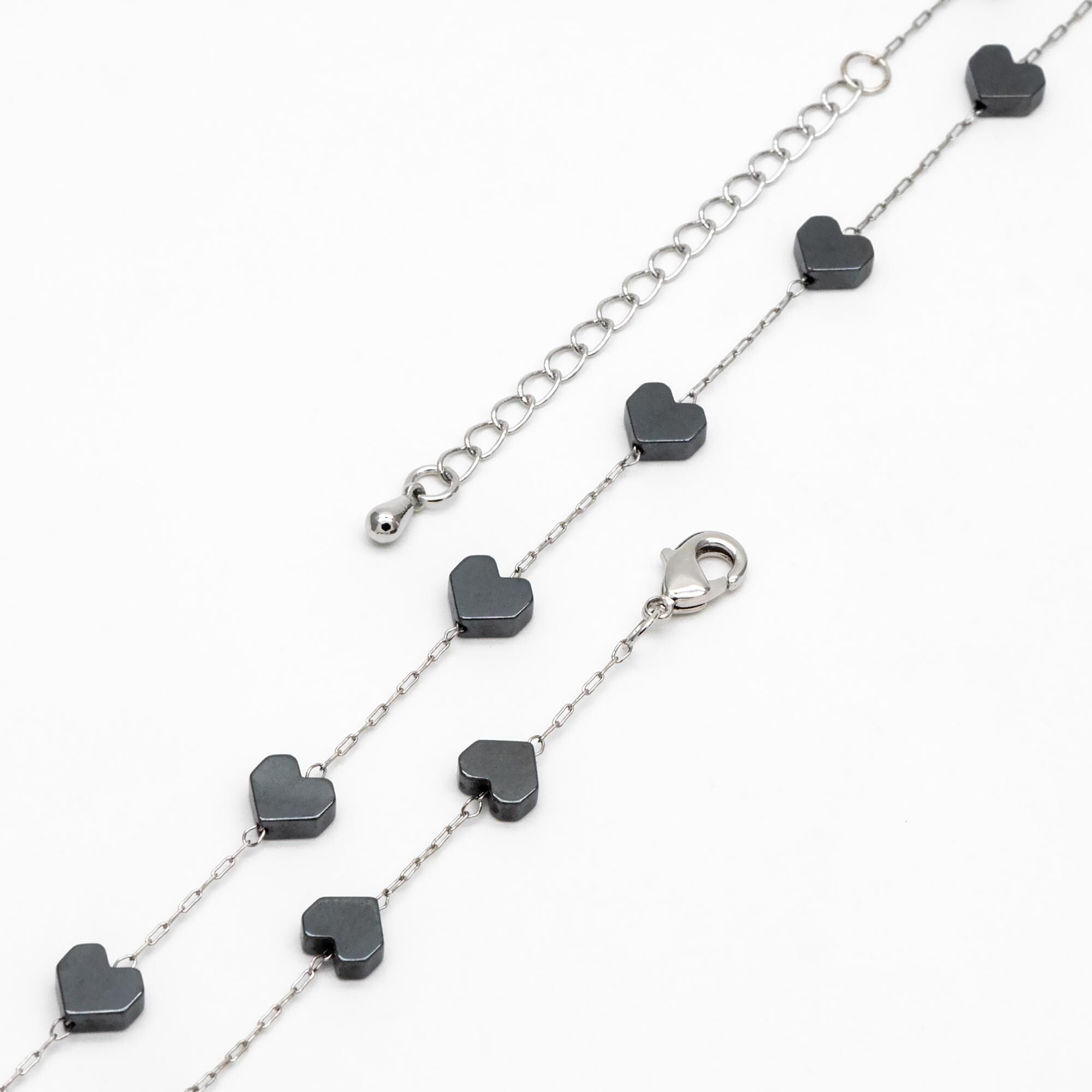Stainless Steel 6mm Heart Hematite Beads Chain, Finished Bracelet/ Anklet/ Necklace with Extender Chain, Ready to Wear (#LK-380-3)