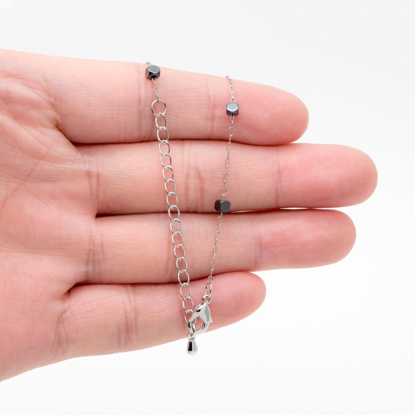 Cube Hematite Beaded Stainless Steel Chain, Adjustable Bracelet/ Anklet/ Necklace, Ready to Wear (#LK-380-8)