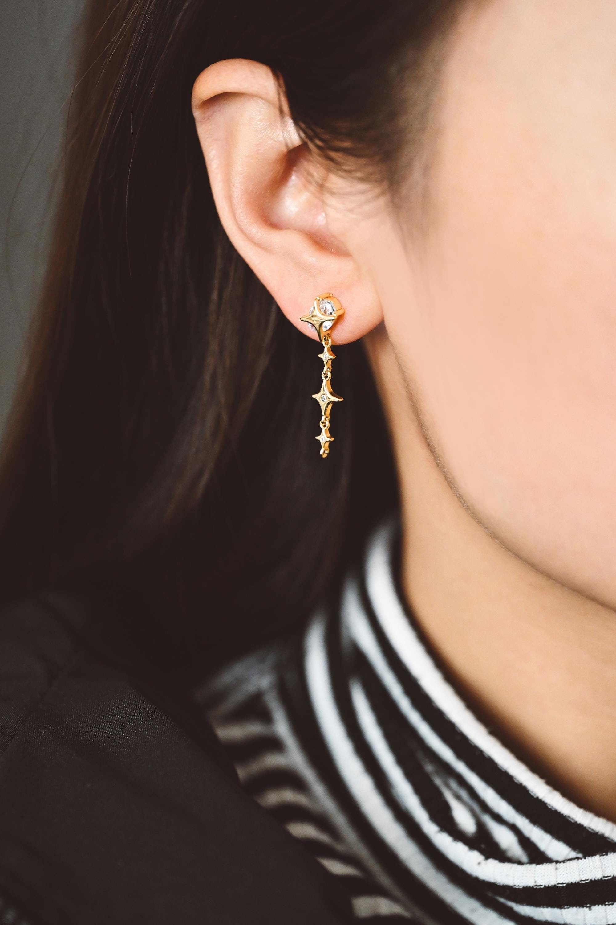 4pcs CZ Pave Gold Cross Star Dangle Earrings with Loop, Gold Plated Brass, Dainty Star Stud Earrings (GB-3641)