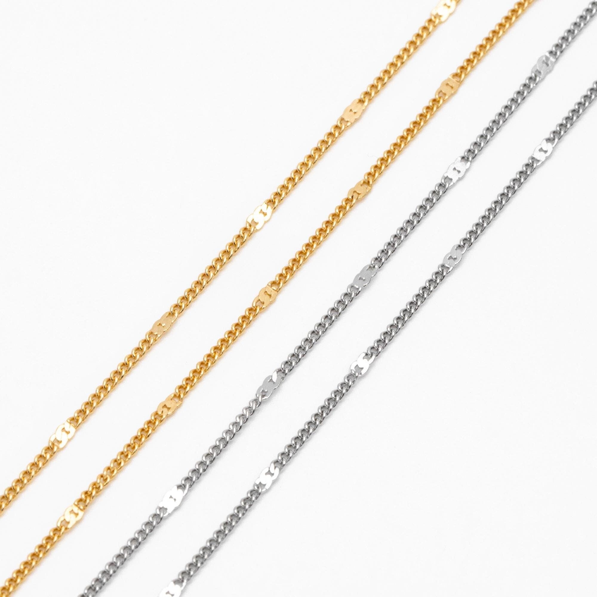 Dainty Gold/ Rhodium plated Brass Curb Chains, 1.3mm Delicate Thin Chains with 1.8mm Flat Links (#LK-128)/ 1 Meter=3.3 ft