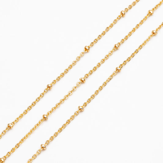 Gold/ Rhodium plated Brass Satellite Chains, 1.3mm Chain with 2mm Rondelle Beads, DIY Necklace Chain Wholesale (#LK-125)/ 1 Meter=3.3 ft