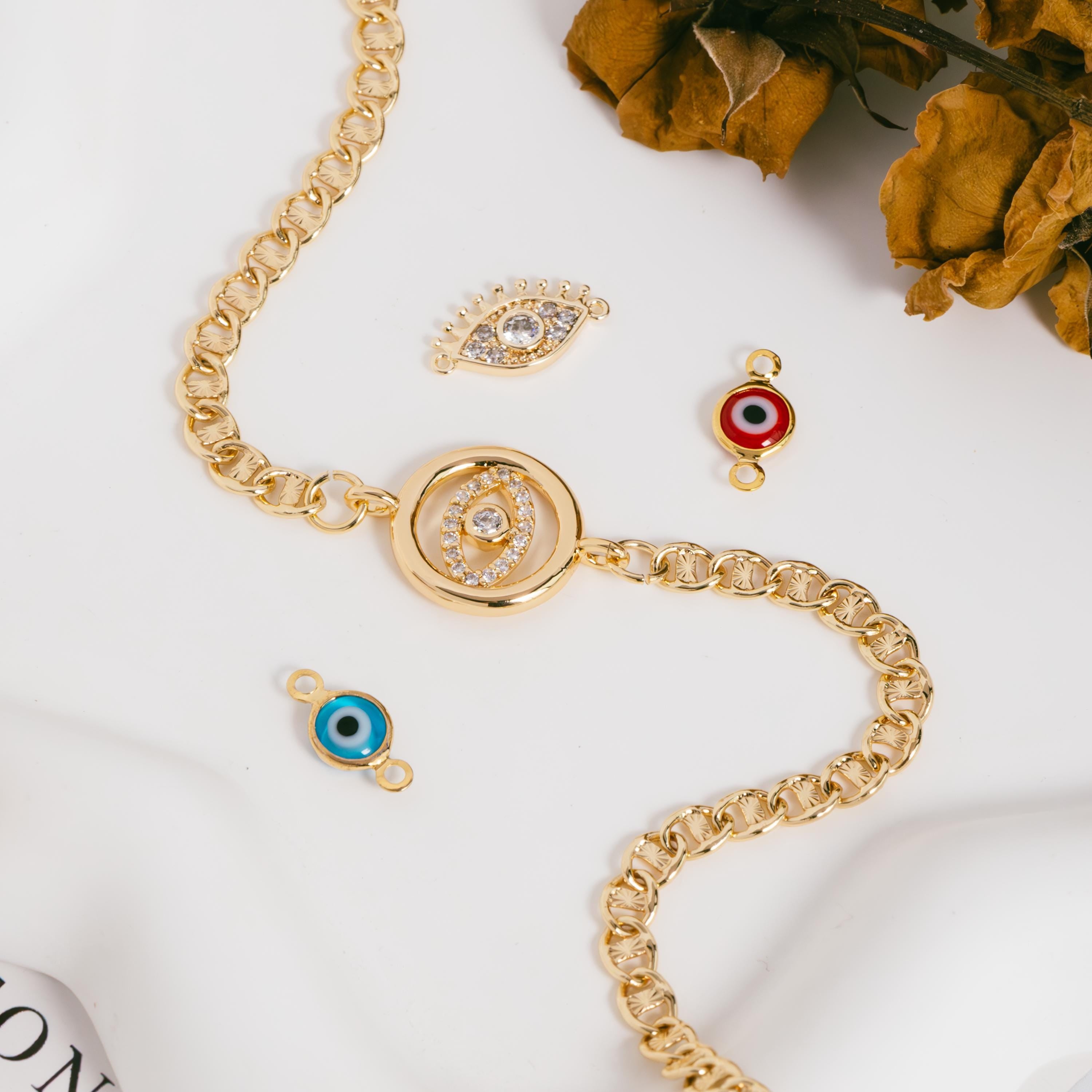 10pcs Gold Evil Eye Connectors, Evil Eye Pendant, Evil Eye Charms, Earring Finding (GB-1999)