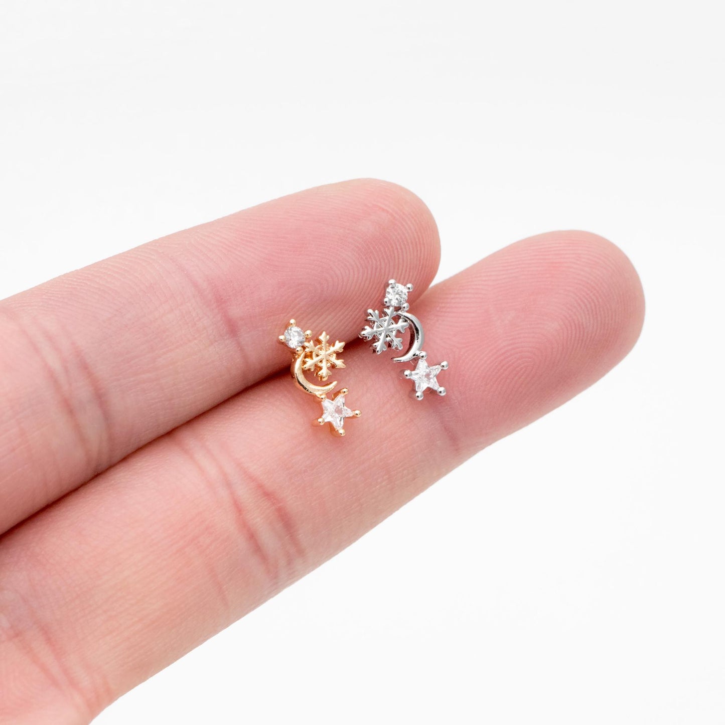 10pcs CZ Pave Moon Star Earrings: Gold/ Rhodium Plated Brass Studs (GB-139-D)