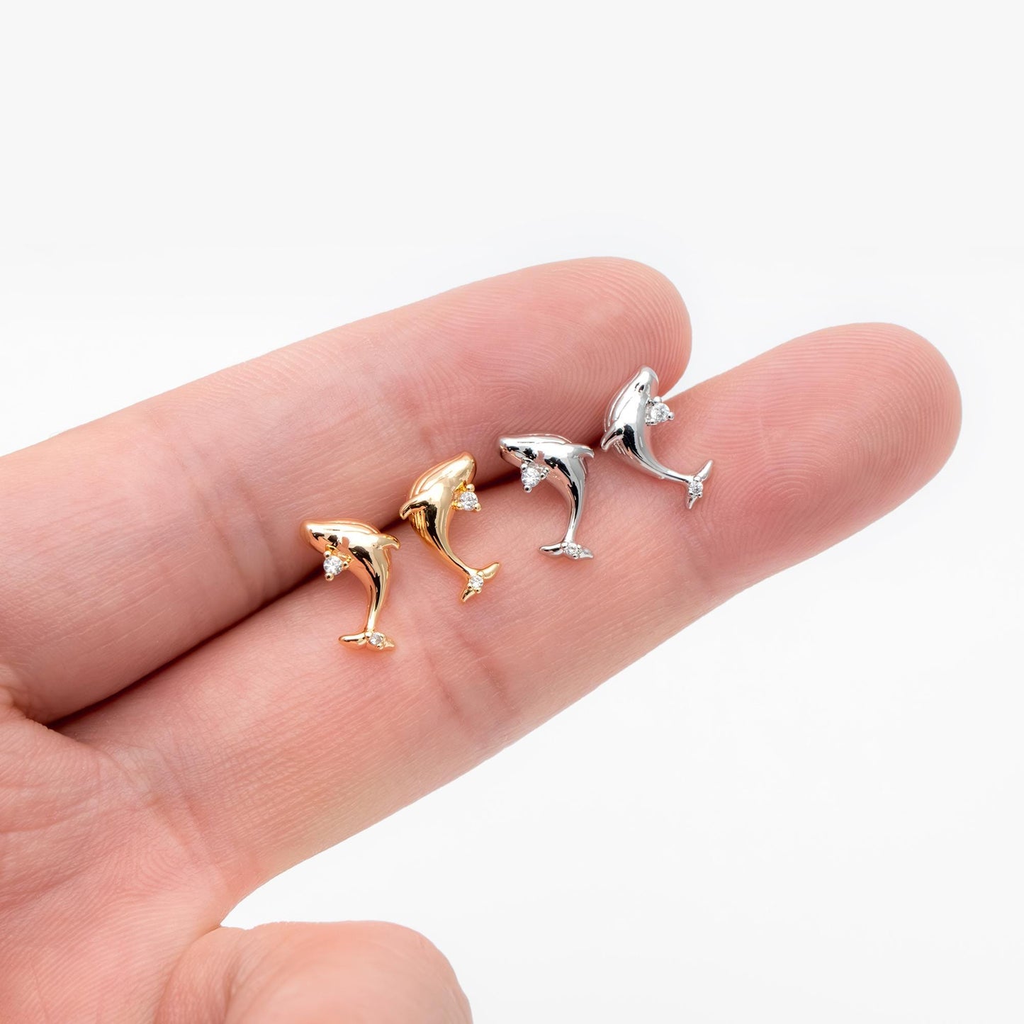 10pcs CZ Pave Gold/ Silver Tone Whale Earrings, 18K Real Gold/ Rhodium plated Brass, Cute Ocean Stud Earrings (GB-4460-G)