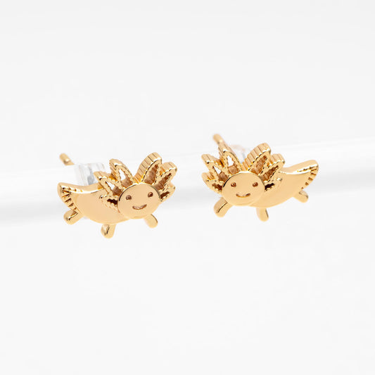10pcs Gold/ Silver Tone Axolotl Earrings, 18K Real Gold/ Rhodium Plated Brass, Minimalist Animal Stud Earrings (GB-4648)