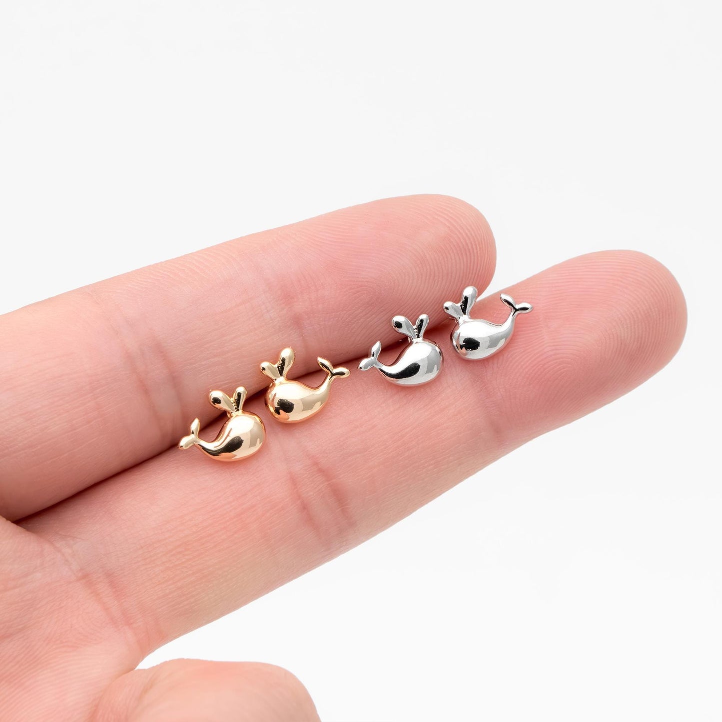 10pcs Gold/ Silver Tone Whale Earrings, 18K Real Gold/ Rhodium plated Brass, Cute Ocean Stud Earrings (GB-4651)