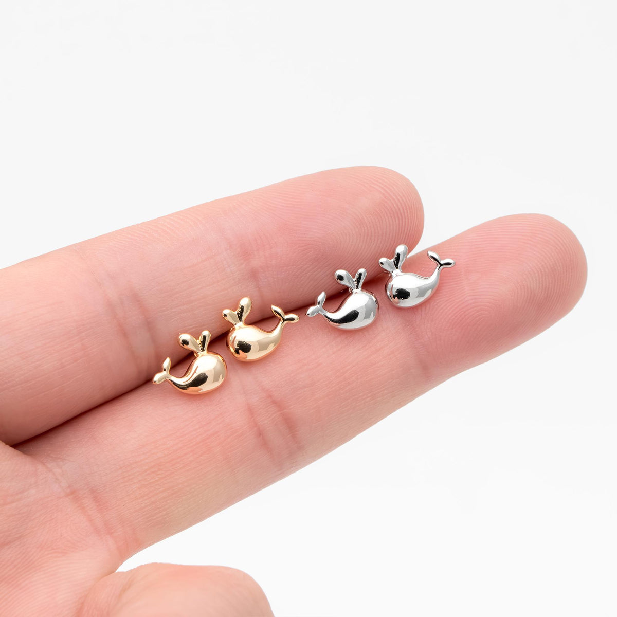10pcs Gold/ Silver Tone Whale Earrings, 18K Real Gold/ Rhodium plated Brass, Cute Ocean Stud Earrings (GB-4460-C)